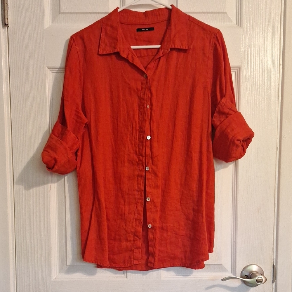 Burnt Orange or Brick Red Linen Button-Up Shirt